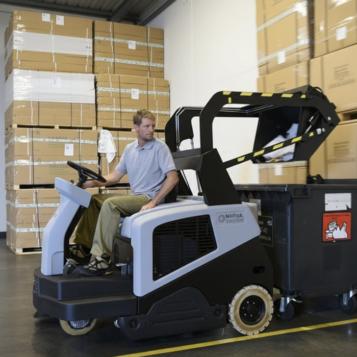 Nilfisk SW5500 durable battery powered hybrid ride-on sweeper providing reliable performance for warehouses, logistics hubs, and factories