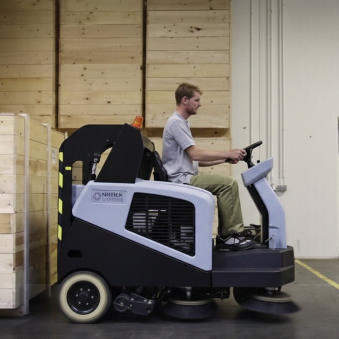 Nilfisk SW5500 durable diesel hybrid ride-on sweeper offering reliable cleaning performance for factories, logistics centers, and retail spaces