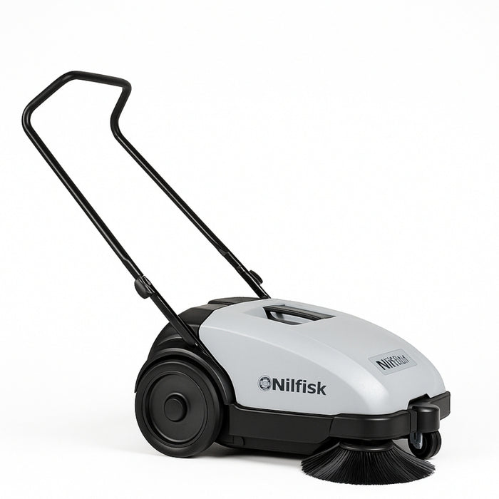 Operator using Nilfisk SW750 battery operated walk-behind floor sweeper for reliable cleaning in commercial and industrial facilities