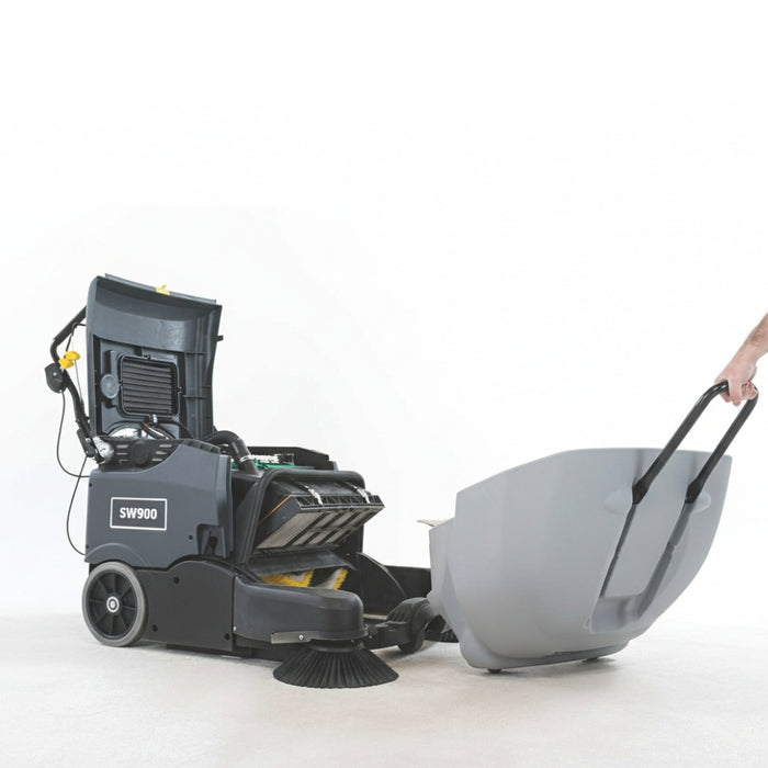Nilfisk SW900 battery operated large walk-behind floor sweeper providing reliable and powerful performance for warehouses and factories