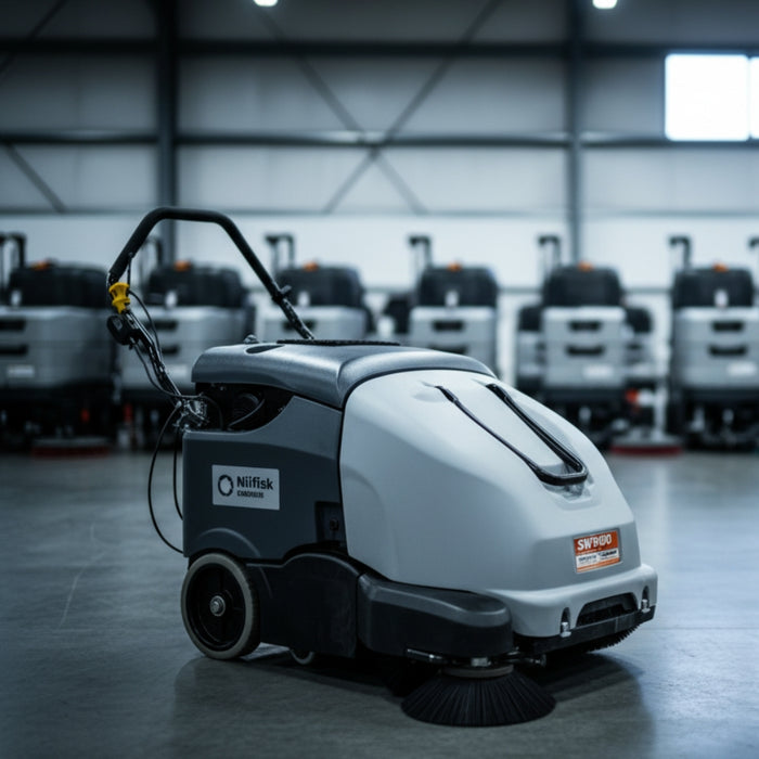 Nilfisk SW900 efficient battery walk-behind sweeper delivering high productivity for commercial and industrial sweeping tasks