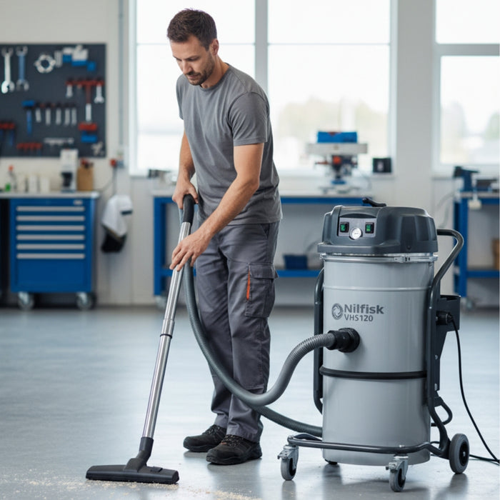 Nilfisk VHS 120 HC industrial wet and dry safety vacuum cleaner built for efficient dust and liquid handling in manufacturing and workshop facilities