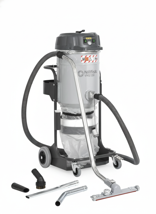 Nilfisk VHS 120 M-Class industrial wet and dry vacuum cleaner designed for efficient dust, debris, and liquid extraction in commercial and industrial environments