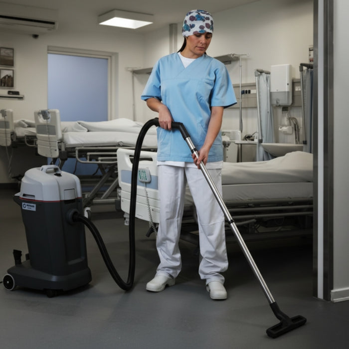 Nilfisk VL500 35L high capacity wet and dry commercial vacuum cleaner providing efficient cleaning performance in industrial and commercial areas