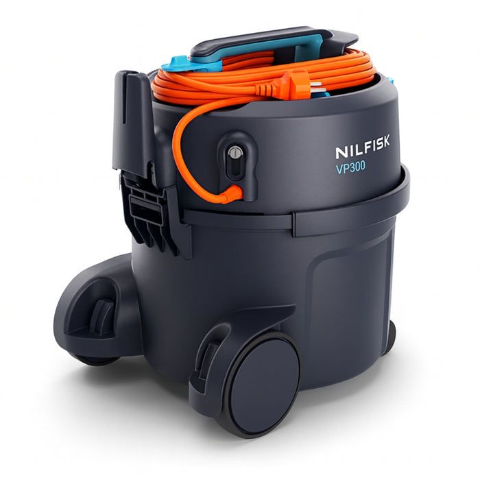 Nilfisk VP300C compact dry vacuum cleaner with 10L capacity and commercial standard filter offering efficient dust collection