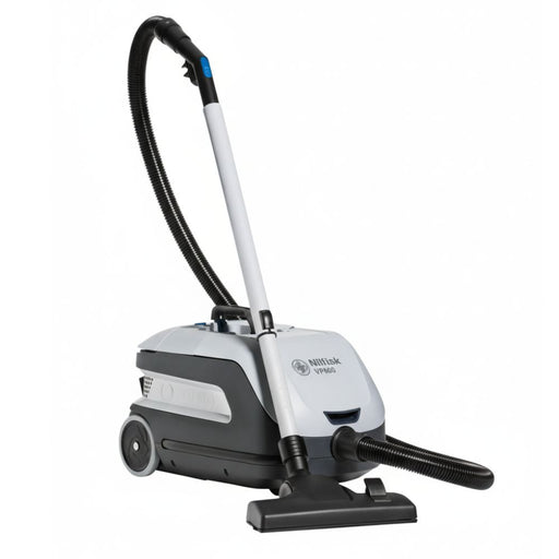 Nilfisk VP600 battery powered canister vacuum cleaner supplied with battery and charger for efficient cordless commercial cleaning