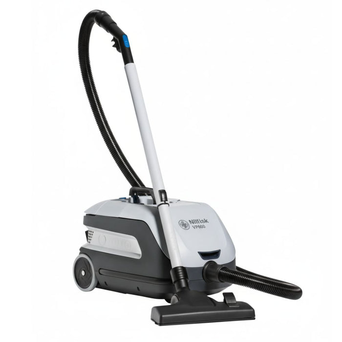 Nilfisk VP600 battery powered canister vacuum cleaner supplied with battery and charger for efficient cordless commercial cleaning