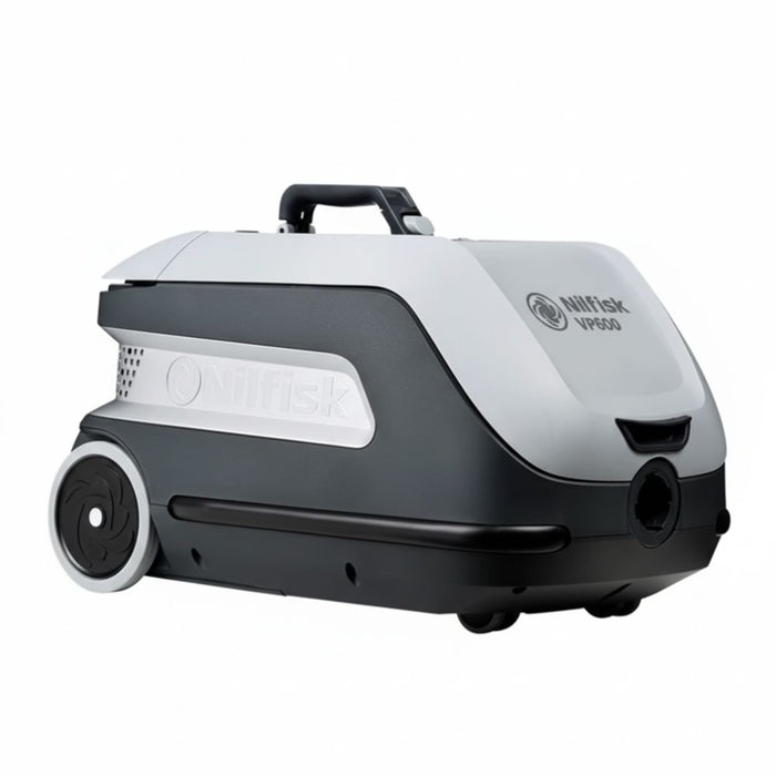 Nilfisk VP600 cordless canister vacuum cleaner including battery and charger designed for professional daily cleaning tasks