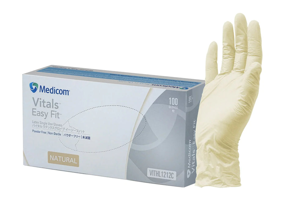 Vitals Easy Fit Latex Gloves, Powder Free, Standard Cuff Natural 100 pcs