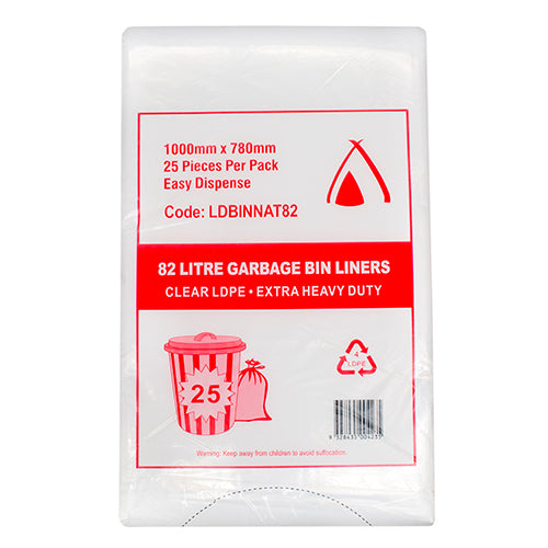 82L Natural/Clear Extra Heavy Duty LDPE Garbage bin Liners (LDBINNAT82) Pack of 200 - Pcs/ctn / Clear/Natural - Bins