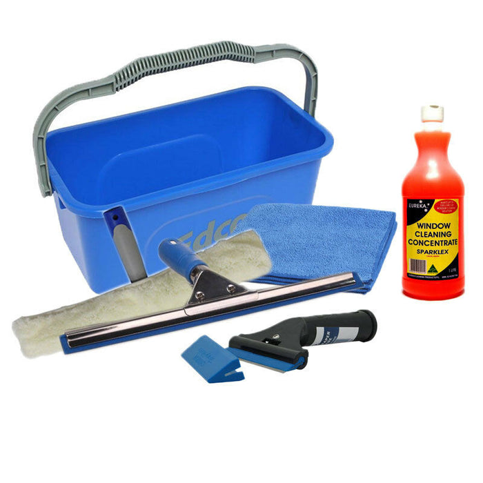 Window cleaning kit: Bucket, Squeegee, T-bar, Microfibre cloth & Eureka Sparklex